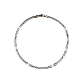 David Yurman Sterling Silver Diamond and Pearl Cable Necklace
