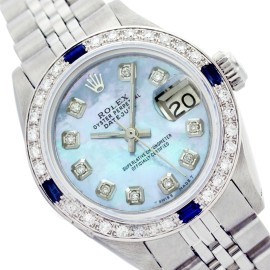 Rolex Lady Datejust Blue Mother of Pearl Diamond Dial and Bezel Stainless Steel 26mm Watch