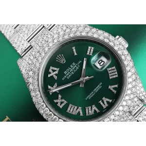 Rolex Mens Datejust II 41mm Stainless Steel Green Roman Diamond Dial Custom Fully Iced Out Watch Buy at TrueFacet