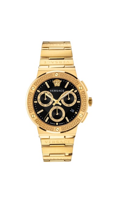 Greca Logo Chrono 43MM IP Yellow Gold Case Black Guilloché Dial Mens Watch