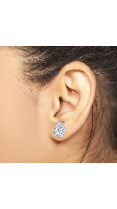 1.00 Ct Pear Shape Lab-Grown Diamond Halo Earrings set in 14K White Gold 