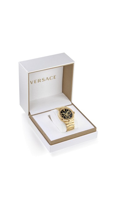 Greca Logo Chrono 43MM IP Yellow Gold Case Black Guilloché Dial Mens Watch