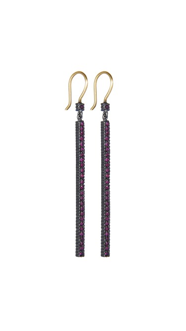 Yossi Harari Jewelry Oxidized Gilver Pave Ruby Stick Lilah Earrings