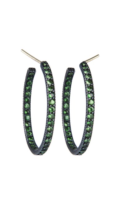 Yossi Harari Jewelry  Oxidized Silver Pave Tsavorite Lilah Hoop Earrings