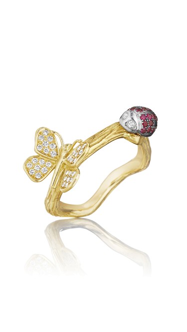 18K Gold Wonderland Stackable Lady Bug and Butterfly Ring