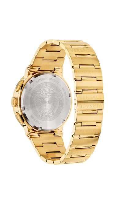 Greca Logo Chrono 43MM IP Yellow Gold Case Black Guilloché Dial Mens Watch