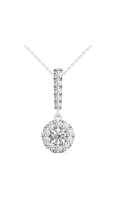 1/2 Ct tw 14K White Gold Natural Diamond Halo Stick Pendant Necklace