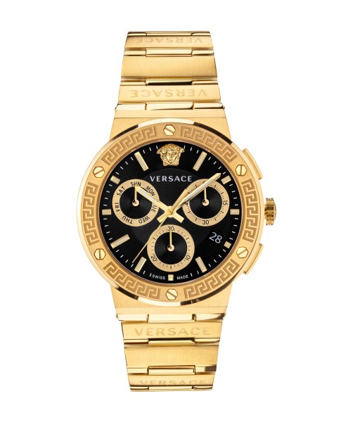 Greca Logo Chrono 43MM IP Yellow Gold Case Black Guilloché Dial Mens Watch