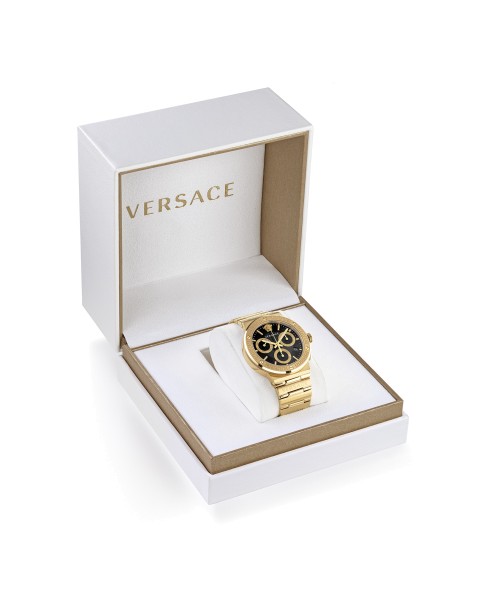Greca Logo Chrono 43MM IP Yellow Gold Case Black Guilloché Dial Mens Watch
