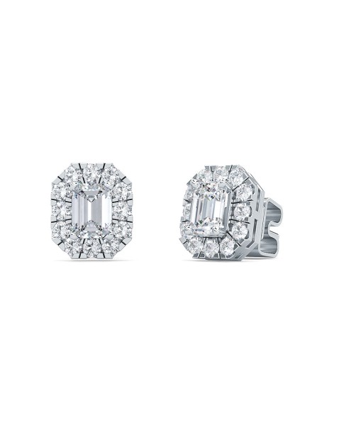 1.00 Ct Emerald Shape Lab-Grown Diamond Halo Earrings set in 14K White Gold 