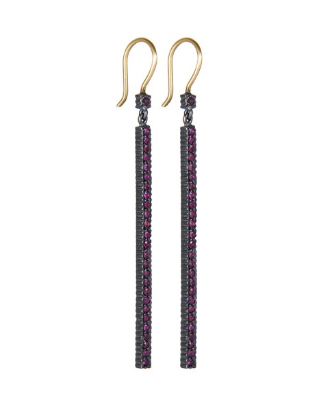 Yossi Harari Jewelry Oxidized Gilver Pave Ruby Stick Lilah Earrings