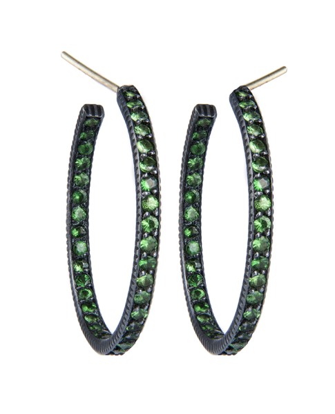 Yossi Harari Jewelry  Oxidized Silver Pave Tsavorite Lilah Hoop Earrings