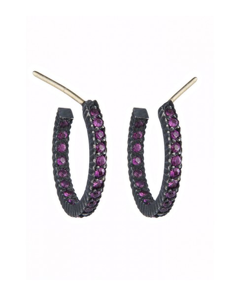 Yossi Harari Jewelry Oxidized Gilver Ruby Pavé Lilah Hoop Earrings 