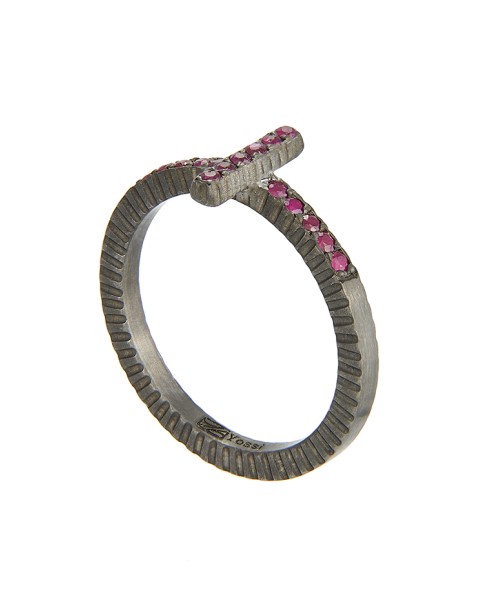 Yossi Harari Jewelry Oxidized Gilver Ruby Stick Lilah Stack Ring Size 6