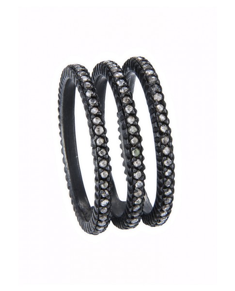Yossi Harari Jewelry Oxidized Gilver Rose Cut Diamond Triple Ring Size 6