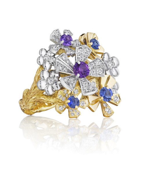 18K Gold Wonderland Pow Orchid Purple and Blue Sapphire Ring