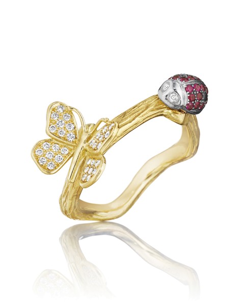 18K Gold Wonderland Stackable Lady Bug and Butterfly Ring