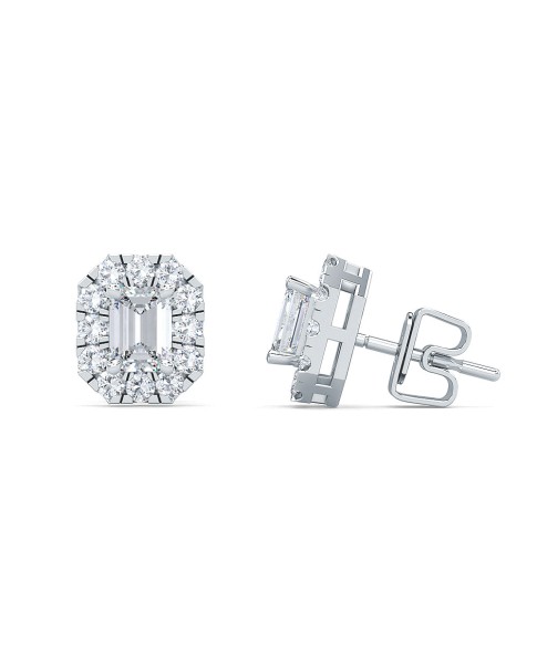 0.50 Ct Emerald Shape Lab-Grown Diamond Halo Earrings set in 14K White Gold