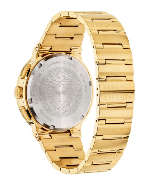 Greca Logo Chrono 43MM IP Yellow Gold Case Black Guilloché Dial Mens Watch