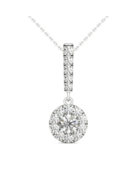 1/2 Ct tw 14K White Gold Natural Diamond Halo Stick Pendant Necklace