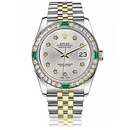 Women's Rolex 31mm Datejust Vintage Diamond Bezel with Emeralds Two Tone Silver Color Diamond Dial