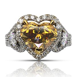 4 CARAT HALO HEART SHAPE FANCY DEEP ORANGY YELLOW DIAMOND ENGAGEMENT RING 18K WHITE GOLD BY MIKE NEKTA