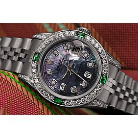 Rolex 26mm Datejust SS Tahitian Mother Of Pearl Diamond Dial Diamond + Emerald Bezel