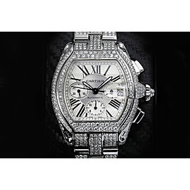 Cartier Roadster Xl W62020x6 Silver Dial Stainless Steel Fully Iced Out Watch