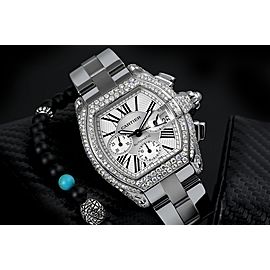 Cartier Roadster XL Chronograph Stainless Steel Diamond Watch Silver Dial W62020X6