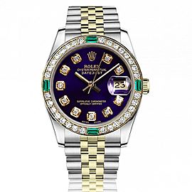 Ladies Rolex 26mm Two Tone Purple Diamond Dial Vintage Diamond Bezel with Emeralds 69173