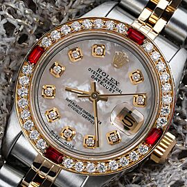 Ladies Rolex Datejust 26mm White Mother Of Pearl Dial with Ruby & Diamond Bezel