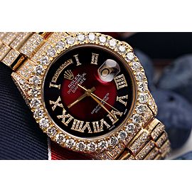 Rolex 36mm Presidential 18kt Gold Red Vignette Roman Diamond Numeral Dial Fully Iced Out Watch 18038