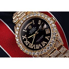 Rolex 36mm Presidential 18kt Gold Black Roman Diamond Numeral Dial Fully Iced Out Watch