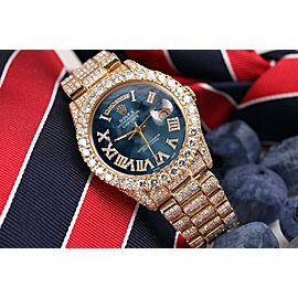 Rolex 36mm Presidential 18kt Gold Blue Pearl Roman Diamond Numeral Dial Fully Iced Out Watch 18038