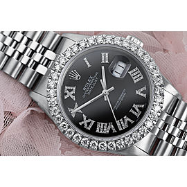 Rolex 36mm Datejust Custom Diamond Bezel, Black Diamond Roman Dial 16014