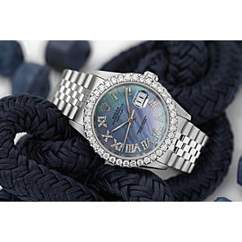 Rolex 36mm Datejust Custom Diamond Bezel, Tahitian MOP Diamond Roman Dial 16014