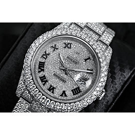 Rolex Datejust 36mm Stainless Steel Black Roman Pave Diamond Dial Fully Iced Out Watch