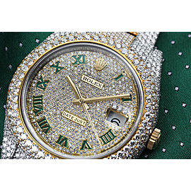 Rolex Datejust 41 Stainless Steel and 18k Yellow Gold Custom Fully Iced Out Watch Green Roman Dial