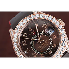 Rolex Sky Dweller Custom Diamond Watch 18Kt Rose Gold with Chocolate Arabic Dial Rubber Strap