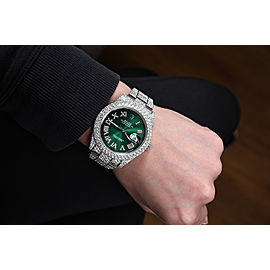 Rolex Mens Datejust II 41mm Stainless Steel Green Roman Diamond Dial Custom Fully Iced Out Watch