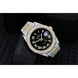 Rolex Datejust 41mm 126303 Custom Diamond Yellow Gold and Stainless Steel Watch Black Roman Dial