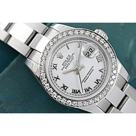 Rolex Datejust 26mm Ladies Stainless Steel Oyster Watch with Diamond Bezel and White Dial