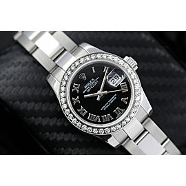 Rolex Datejust 26mm Ladies Stainless Steel Oyster Watch with Diamond Bezel and Black Dial