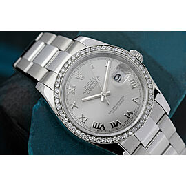 Rolex Datejust 36mm Silver Roman Dial Diamond Bezel Stainless Steel Watch Oyster Band