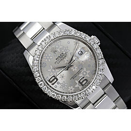 Rolex 36mm Datejust New Style Custom Diamond Bezel, Silver Flower Dial Oyster