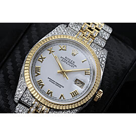 Rolex Datejust 36mm White Roman Dial Fluted Yellow Gold Bezel Iced Out Watch Jubilee Band
