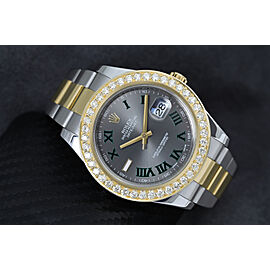 Rolex Datejust 2 41mm Two Tone Oyster Watch with Wimbledon Grey and Green Dial Diamond Bezel