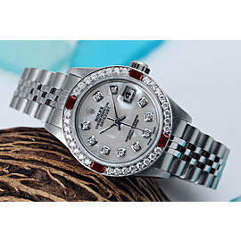 Rolex White Pearl 26mm Datejust SS Diamond & Ruby Bezel Ladies Watch
