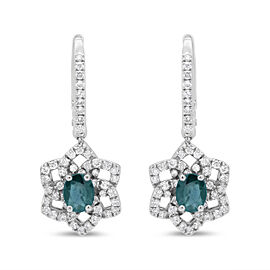 18K White Gold 3/8 Cttw Diamond and 4.94 x 3.96mm Blue Sapphire Floral Dangle Drop Earring (F-G Color, SI1-SI2 Clarity)