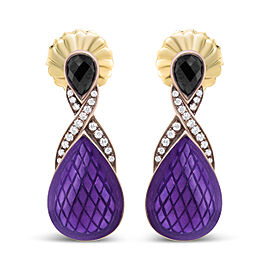 18K Rose Gold Flash Plated .925 Sterling Silver Purple Enamel 1/5 Cttw Round Pave-Set Diamond and 5.5 x 4mm Pear-Shaped Black Onyx Drop Earrings (F-G Color, VS1-VS2 Clarity)